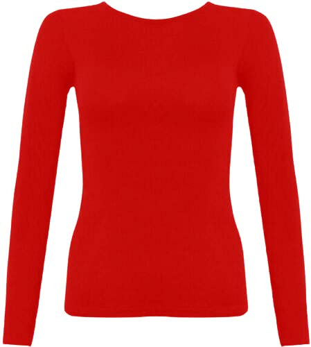 New Ladies Long Sleeve Round Neck Plain Basic Women's Stretch T-Shirt (Red, 12)