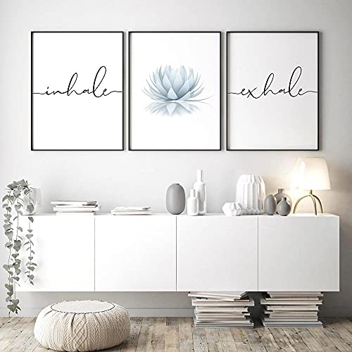 marca generica Nordic Inhale Exhale Letters Poster Print Blue Floral Canvas Painting Zen Wall Art Lotus Flower Bilder Living Room Decor Unframed-40x50cmx3