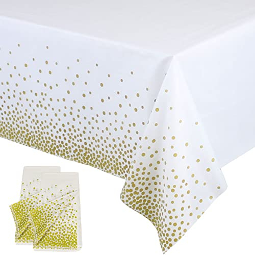 YAAVAAW 2 pièces 137 * 274cm Blanc et Or Points Nappes Jetable,Rectangulaire Imperméables Nappe Plastique Décoration de Table pour Anniversaire,Fêtes,Mariages,Pique-niques,Halloween,Noël