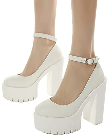 Minetom Damen Plattform Mary Jane High Heels Retro Gothic Pumps Sandalen Damenschuhe Runde Zehen Chunky Lackleder Schuhe A Weiß 41 EU