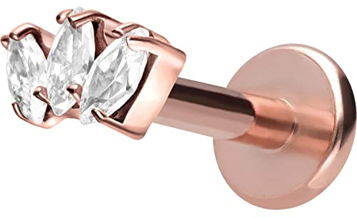 PIERCINGLINE Titan Labret mit Gewinde 3 Kristalltropfen Piercing Lippe Nase Ohr Helix Roségoldfarben 1,2 x 5 mm