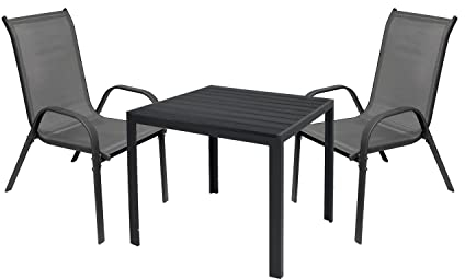 Mojawo Hochwertige Gartengarnitur 3-teilig Gartentisch 90x90cm Anthrazit Grau + 2 Stapelstühle Textilen Anthrazit/Schwarz