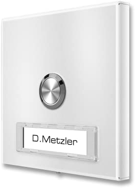 Metzler Funk-Türklingel Edelstahl V2A in RAL 9016 Verkehrsweiß - hohe Reichweite, flach, Funkklingel mit austauschbarem Namensschild