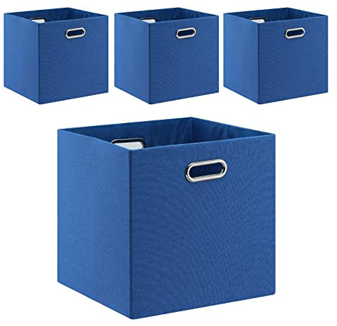 Fboxac Cube Storage Bins 13×13 Linen Foldable Box with Handles, Collapsible Organization Basket Set of 4 Large Capacity Drawer for Closet Shelf Cabinet Bookcase Bedroom, Navy Blue