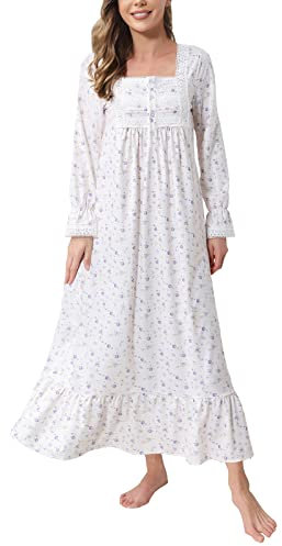Soft Nightgowns for Women Knit Cotton Victorian Long Sleeves Ladies Full Length Nightdress with Pokckets (Lilac Rose, M)