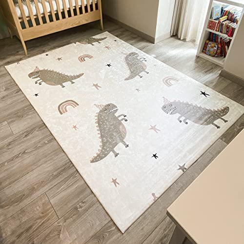 Nazar Kinderteppich für Kinderzimmer, Babyteppich, für Mädchen und Jungen, Motiv Dinosaurier, Weltkarte und Tiere (741 grün, 80x150 cm)