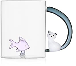 Ichendorf Milano Mug Pesce Rosa e Gatto Bianco, Collezione Tabby Cat, 45 cl, Vetro Borosilicato, Fatto a Mano
