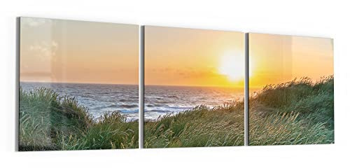 DEQORI Glasbilder Echtglas | Motiv Abendstimmung am Meer | horizontal 3-teilig 150x50 cm | große XXL Deko | Wandbilder für Wohnzimmer, Schlafzimmer, Flur & Küche | moderne Wanddeko