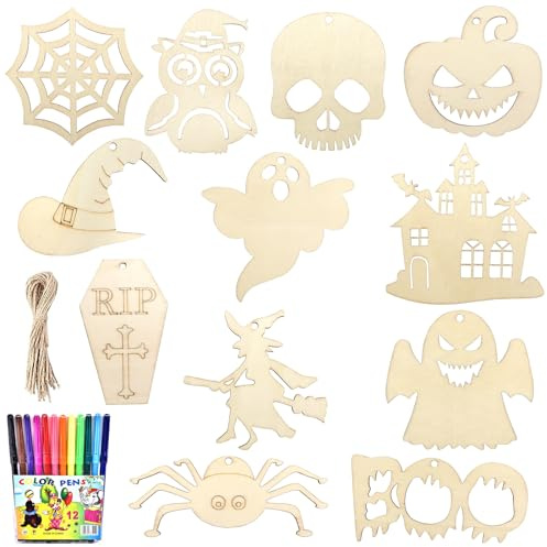 24 Stück Halloween Basteln Kinder, 12 Stile Halloween Bastelset, Unvollendete Holz Basteln, DIY Kürbis Deko Anhänger, Holzanhänger zum Bemalen für Kinder Halloween Dekoration Kindergeburtstag Party