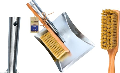 ToolSpace | set de 2 recogedores | recogedor de acero inoxidable | cepillo de mano cerdas naturales, madera de haya metal jardín | recogedor macizo | escoba y recogedor | escoba de mano, recogedor