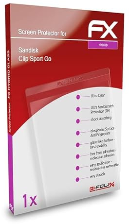 atFoliX Glasfolie passend für Sandisk Clip Sport Go, Panzerfolie 9H Hybrid-Glass FX Schutzpanzer Folie