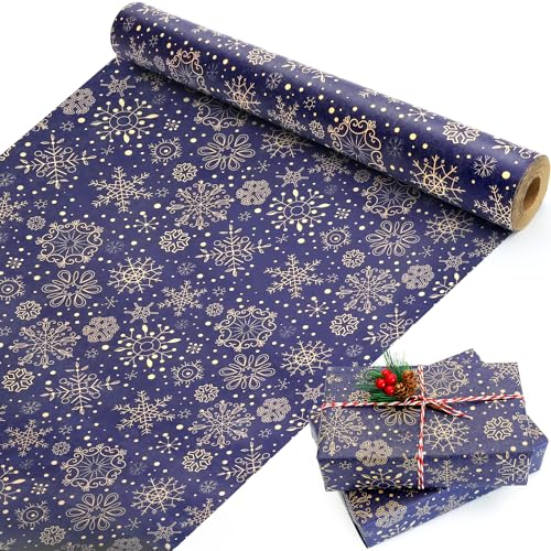 Geschenkpapier Weihnachten Rolle, Dunkelblaues und Braun Kraftpapier Geschenkpapier mit Schneeflocke, Geschenkverpackung für Frauen, Männer, Mädchen und Jungen, 43cm x 15M