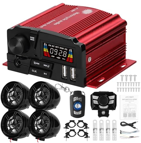 Shkalacar Verstärker Power Amplifier, BT MP3 Player 4 Kanal Audio Stereo Amplifier mit LCD Display, 4 Lautsprecher,unterstützen Freisprechen FM Radio USB/TF Karte für 12V Motorrad Elektrofahrräder ATV