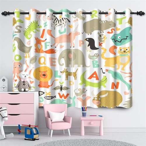 SDOTPMT 107x160cm Cartoon Tier Fenster Vorhang Safari Hippo Elefant Katze ABC Brief Fenster Vorhänge Zoo Druck Muster Fenster Behandlung für Kinder Schlafzimmer Dekor Verdunkelung Vorhänge,2 Panels