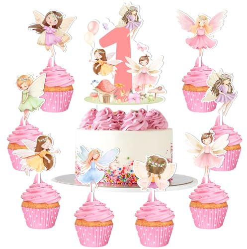 Fairy 1st Birthday Cake Decorations for Girls, 16 Pcs Fairy Garden Cupcake Toppers with 1 Pcs Fairy 1st Birthday Cake Topper, Floral Fairy First Birthday Party Supplies