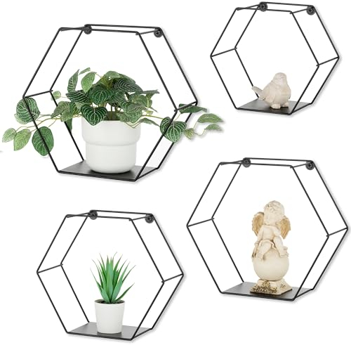Walasis Wandregal Hexagon Schwarz Metall Schweberegal: 4er Set Hängeregal Modern Wanddeko Aesthetic Wand Regal Schweberegal Pflanzenregal