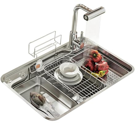Evier Cuisine Rince Verre Evier Multifonction Évier Lavabo Cuisine inox Evier 304 Inox Professionnel, Évier de Cuisine de poste de travail de ferme de pluie volante ( Color : Silver , Size : 82*48*21c