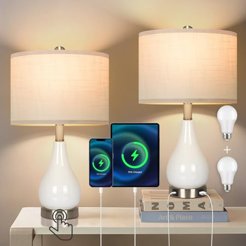 OUTON Tischlampen 2er set, Nachttischlampe Touch Dimmbar, Tischlampe mit USB A+Typ-C-Anschlüsse 2 Dimmbare LED-Birnen, Moderne Keramik tischleuchte mit Leinenschirm für Schlafzimmer, Wohnzimmer, Büro