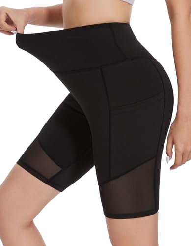 SIMIYA Radlerhose Damen Kurze Sporthose Leggings High Waist Mesh Gespleißtes Bein Sportshorts Doppelte Taschen für Yoga Gym（Schwarz-Mesh Gespleißtes，XXL）