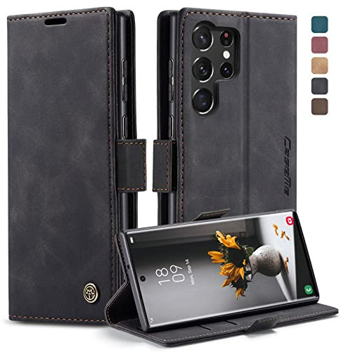 Cracedily Coque pour Samsung Galaxy S23 Ultra 5G Case, Etui Protection Housse Premium en Cuir PU,Etui à Rabat Pochette de Portefeuille Étui pour Samsung Galaxy S23 Ultra 5G - Noir