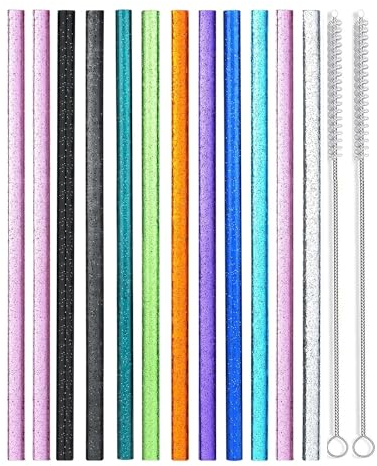 14 Piece Set of Reusable Glitter Drinking Straws BPA Free Plastic Sip Tubes for Hot Cold Beverages Durable Clear Sparkle Straws with Travel Pouch Perfect for Smoothies Cocktails and Tumbler Cups