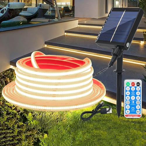 Wisada 12V Solar COB LED Streifen Selbstklebend, 2m 320LEDs/m Superheller Naturweiß COB LED Strip Cuttable LED Band，8 Modi Lichtband Außen IP68 Lichterkette Mit Fernbedienung für Terrasse, Innenhof