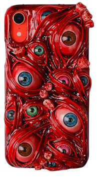 TRADAY Gothic Horror Phone Case - Creepy 3D Eyes Blood Teeth Compatible with iPhone XR - Scary Halloween Case - Red