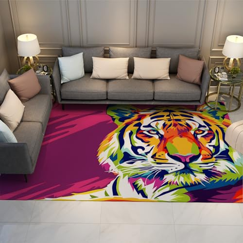MOKOSAISE Kinderteppich für Wohnzimmer Schlafzimmer Küche Wohnkultur Bunte Graffiti Zoo Tiger rutschfeste Veranda mit niedrigem Flor Waschbarer dünner Teppich 160x200cm