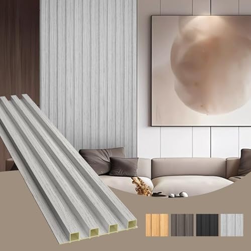 OUZUGIE WPC Akustiklamellenwandverkleidung, 3D-Wandpaneele für Innenwanddekoration, Wohnzimmer, TV-Hintergrund, Arbeitszimmer, Büroräume, Schlafzimmer, Hochgitter, Grau, 8 Stück