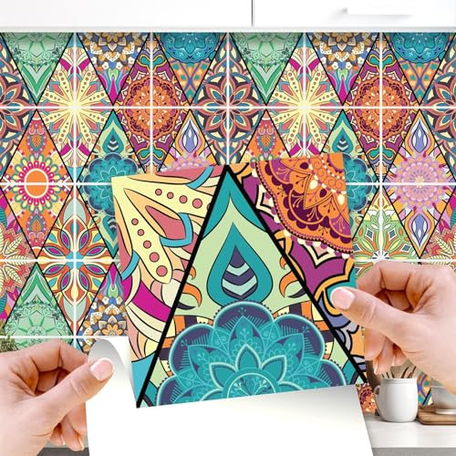 WALPLUS Tile Stickers 15x15cm(6) Stick on Tiles Kitchen Self Adhesive Wall Removable Bathroom Sticky Back Floral Mandala Self Adhesive 24 Pieces
