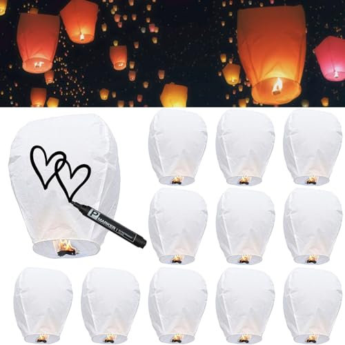 12 Unités Lanterne Volante, Biodegradable Lanterne en Papier Chinoise, Bougies Volantes Sky Lanterns, Lanternes Volantes en Mémoire de Mariage, de Fêtes et de Festivals, Blanche