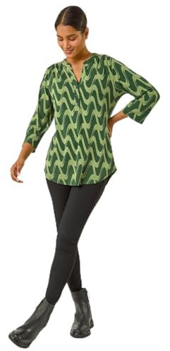 Roman Originals Shirt for Women UK Ladies Top Collarless Blouse Stretchy Tunic Smart Casual Autumn Winter Jersey 3/4 Length Sleeve Notch V Neck Flattering Office Work - Green & Khaki - Size 14