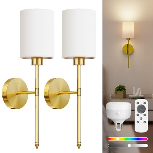 NIORSUN Battery Operated Wall Lights, Gold Wireless Rechargeable Wall Lights with 5200mAh Dimmable Detachable Bulbs and Remote, 9 Colours Sconces Wall Decor for Bedroom Living Room Hallway