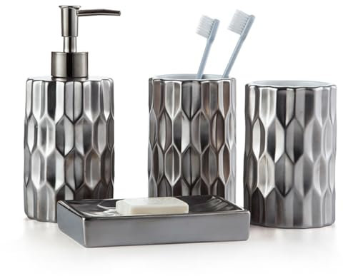 Santentre Set Bagno Accessori Completo 4 Pezzi con Dispenser Sapone, Porta Spazzolino da Denti, Bicchiere, Porta Sapone, Set Accessori Bagno in Ceramica, Decorazione Accessori Bagno, Argento
