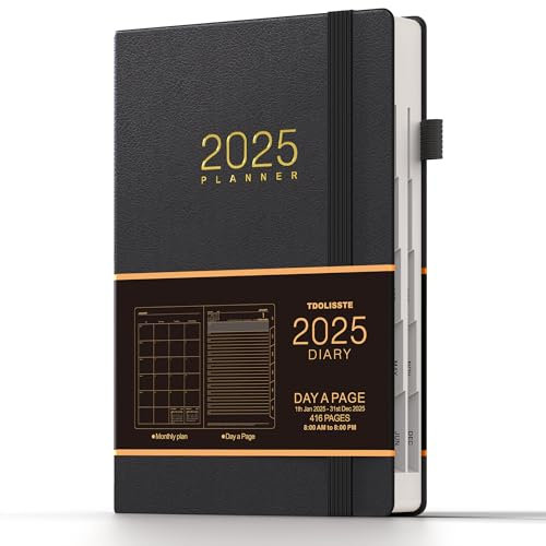 TDOLISSTE - Kalender 2025 Terminplaner, A5 Agenda Buchkalender 365-Seiten-Tagesplan und 24-Seiten-Monatsplan, Stiftschlaufe und Innentasche, Gebundene Ausgabe (Schwarz)