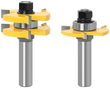 Gasea 2Pcs 1/2-Inch Shank Matched Tongue and Groove Router Bit Set, 3 Teeth Adjustable T Shape Woodworking Milling Cutter
