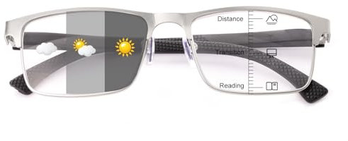 OKH Photochrome Multifokus Lesebrille für Herren Progressive Multifokale Lesebrille Blaulichtfilter Metall UV-Schutz Sonnenlesebrille (Silber 2,0)