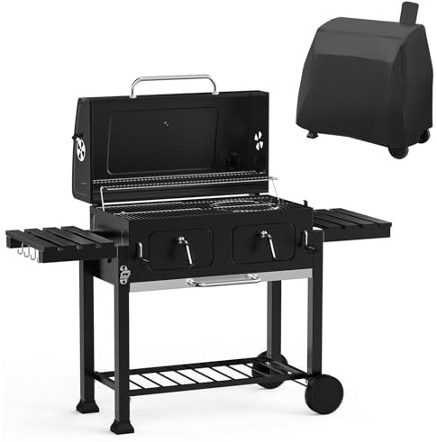 ONLYFIRE Extra großer BBQ Holzkohlegrill mit großem Grillrost und Warmhalterost, Outdoor Grill mit zweizonenverstellbarer Holzkohlewanne und 2 klappbaren Beistelltischen, Schwarz GS339-A