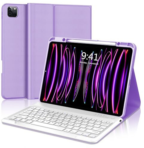 FOGARI for iPad Pro 12.9 6th/5th/4th/3rd Generation Keyboard Case - Wireless Bluetooth Detachable UK Layout Keyboard Folio Cover with Pencil Holder for iPad Pro 12.9 2022/2021/2020/2018, Violet