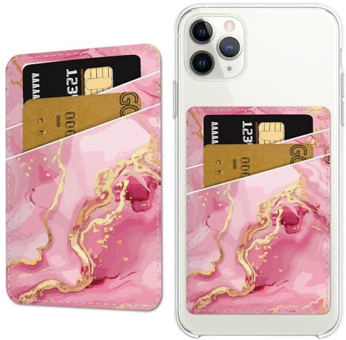 CREATCABIN Pink Phone Card Holder Leather Cell Phone Wallet Stick on Adhesive Credit Card Holder Slim Double Pocket Sticker for Back of Phone Case Compatible with Most Phone Marble 3.7 x 2.5 Inch