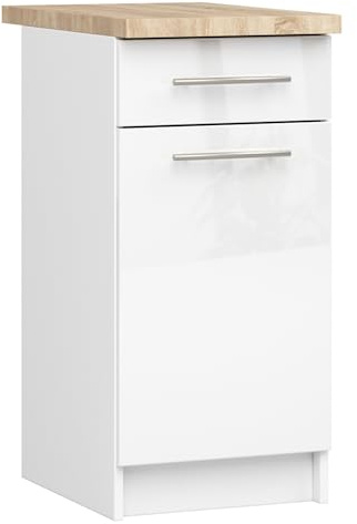 AKORD | Armoire de Cuisine avec Plan de Travail - Oliwia S40 | Meuble Bas avec Porte, Tiroir et 2 Étagères | Armoire de Cuisine Basse de 40 cm de Large | 46x40x85 cm | Blanc | Blanc Brillant