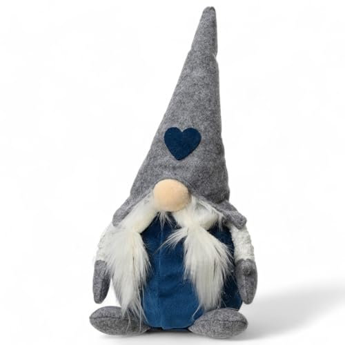 MIJOMA Dekofigur Weihnachtswichtel Zwerg – 30 cm hoch, skandinavische Weihnachtsdeko, Dekofigur für Winter & Advent, Kuschelige Deko aus Polyester, ideal für Festliche Dekoration (Grau-Blau mit Herz)