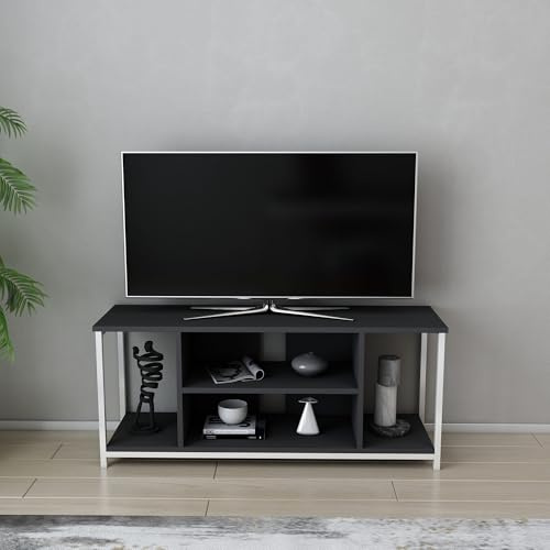 Hanah Home Stylish TV Stand, 120 cm, White & Anthracite | 100% Melamine Coated Particle Board, 18 mm Thick, Metal Frame | Modern Design for Living Room & Entertainment