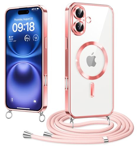 Woijrly Funda Magnético para iPhone 16 6,1 Cordón Colgante Collar Ajustable, Compatible con MagSafe, Antigolpes Anti-Arañazos Collar Correa Cordón Carcasa para iPhone 16, Rosa