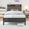 MOFLUT Single Bed Frame with Wooden Storage Headboard Shelf, 3ft Upholstered Bed Frame Single Bed with Metal Slats Enhanced Support, Gray