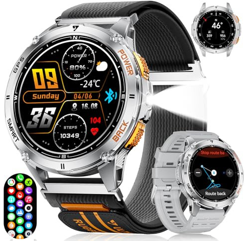 ESFOE DM4 Montre Connectée Homme GPS Torche LED 530mAh Batterie, 1,43'' AMOLED Montre Connectée Militaire avec Baromètre, Boussole, Fréquence Cardiaque, SpO2, Sommeil, 5ATM Étanche pour Android iOS
