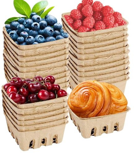 30 cestas de bayas de fibra de pulpa natural, cesta de bayas moldeadas, caja de postre para almacenamiento de frutas y verduras, recipiente ventilado para fresa, arándano, frambuesa, huevo