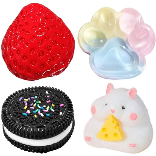 SSKHE 4 Stück Taba Squishy Set, Erdbeere + Hamster + Katze Paw + Hamster + Oreo, Fufu Squishy Toy Squishes Set für Stressabbau Sensory Play Fidget Geschenke
