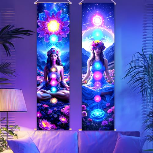 CRAFTYMELODY 2 Packung Schwarzlicht Wandteppich Mit Sieben Chakren Für Yoga Und Meditation Im Dunkeln Leuchtend Blumen Chakra Wandteppich UV Reaktiv Wandbehang Mit Seil
