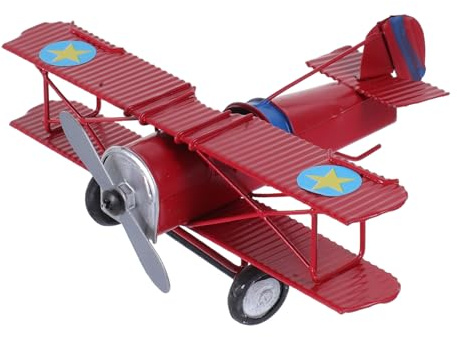 Healifty Vintage Iron Biplane Model Metal Sculpture Retro Aircraft Decor for Creative Play Home Ornament Red Fighter